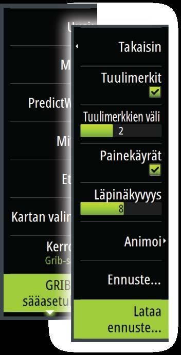 (matala resoluutio)" sivulla 59) tai ladataanko molemmat GRIB-tietotyypit. Ú Huomautus: Korkea resoluutio -asetuksen käyttö edellyttää PredictWind Professional - tilausta.