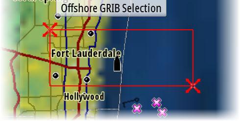 Kun haluat ladata GRIB-sään tietylle alueelle, määritä alue vetämällä suorakulmion kulmista ja valitse.