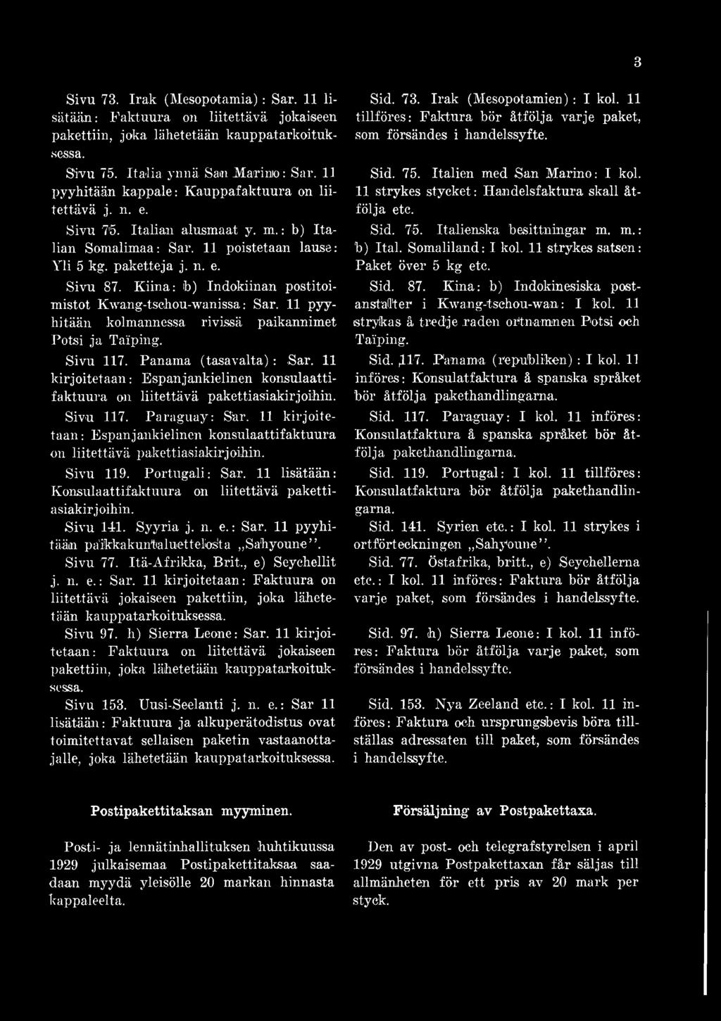 Kiina: ib) Indokiinan postitoimistot Kwang-tsehou-wanissa: Sar. 11 pyyhitään kolmannessa rivissä paikannimet Potsi ja Taiping. Sivu 117. Panama (tasavalta): Sar.