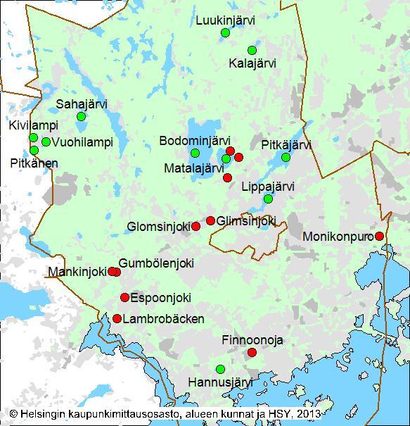 Ympäristölautakunta 13.03.2014 Sivu 2 / 2 Kuva 1. Vesistötarkkailun havaintopaikat. Järvien havaintopaikat on esitetty vihreillä palloilla ja virtavesihavaintopaikat punaisilla.