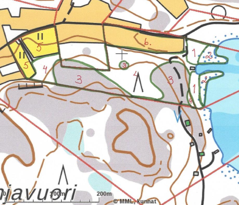 6 Kartta 1: Selvitysalueen luontotyypit Numero 1 on mesiangervotyypin kosteaa lehtoa, numero kaksi on merenrantaruovikkoa, numero kolme on kalliometsää, numero neljä on mustikkatyypin tuoretta