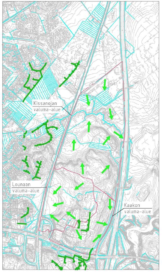 Suunnittelualueen nykyinen hulevesiverkosto, hulevesien johtuminen sekä ojat ja purot. (WSP 28.11.