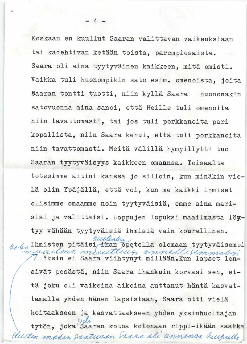 :a _ 4 - Koskaan en kuullut Saaran valittavan vaikeuksiaan tai kadehtivan ketään toista, parempiosaista. Saara oli aina tyytyväinen kaikkeen, mitä omisti. Vaikka tuli huonompikin sato esim.