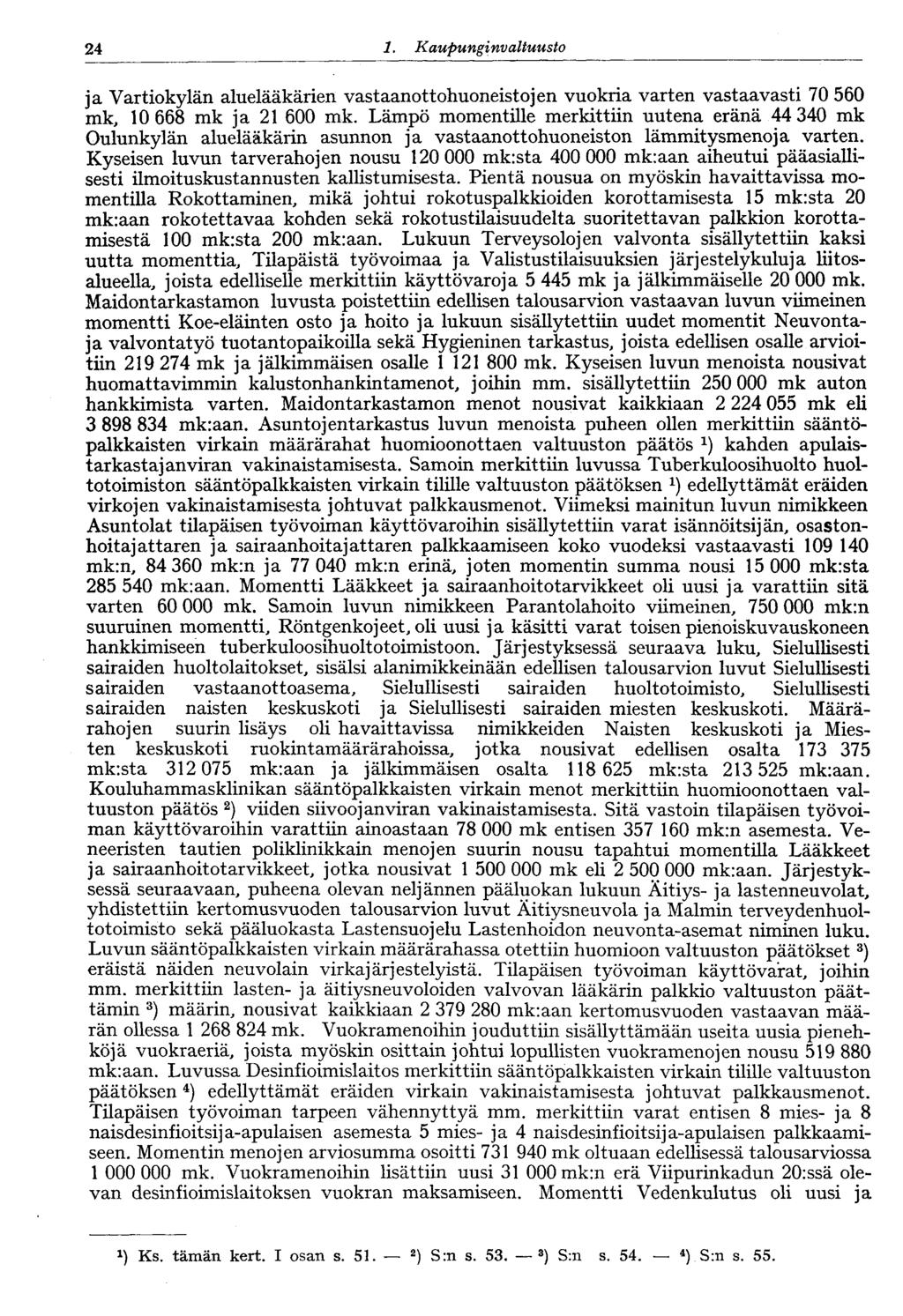 24 1. Kaupunginvaltuusto ja Vartiokylän aluelääkärien vastaanottohuoneistojen vuokria varten vastaavasti 70 560 mk, 10 668 mk ja 21 600 mk.