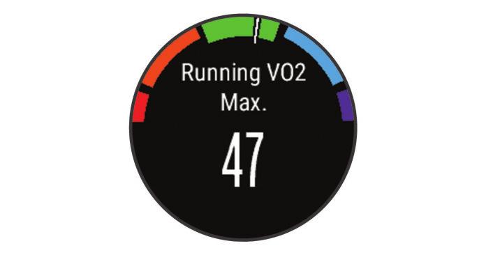 hapenottokyvyn arvion juoksua varten käyttämällä Garmin laitetta pariliitetyn yhteensopivan sykemittarin kanssa. Maksimaalisen hapenottokyvyn arvio näkyy lukuna ja kohtana värimittarissa.