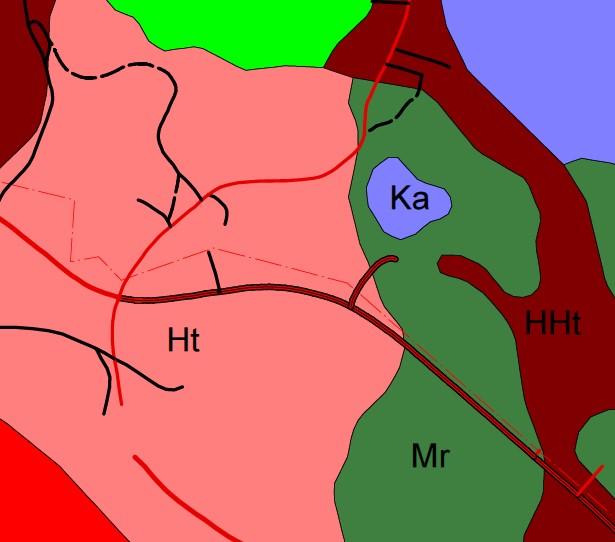 Pääosa suunnittelualueesta on karkeaa hietaa (Ht). Alueen itäosassa maalaji muuttuu moreeniksi (Mr), jossa alueelle sijoittuu myös kalliota (Ka). Kuva 3: Suunnittelualueen maaperä 3.2.