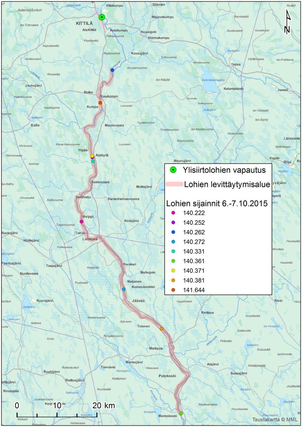 Lohinivan alapuolelle Porokarille, jossa se paikannettiin syyskuussa. Ounasjoen alaosalla sijaitsevalle Tapionkylän vastaanottimelle näiden lohien signaalit olivat tallentuneet 20. ja 22.9.