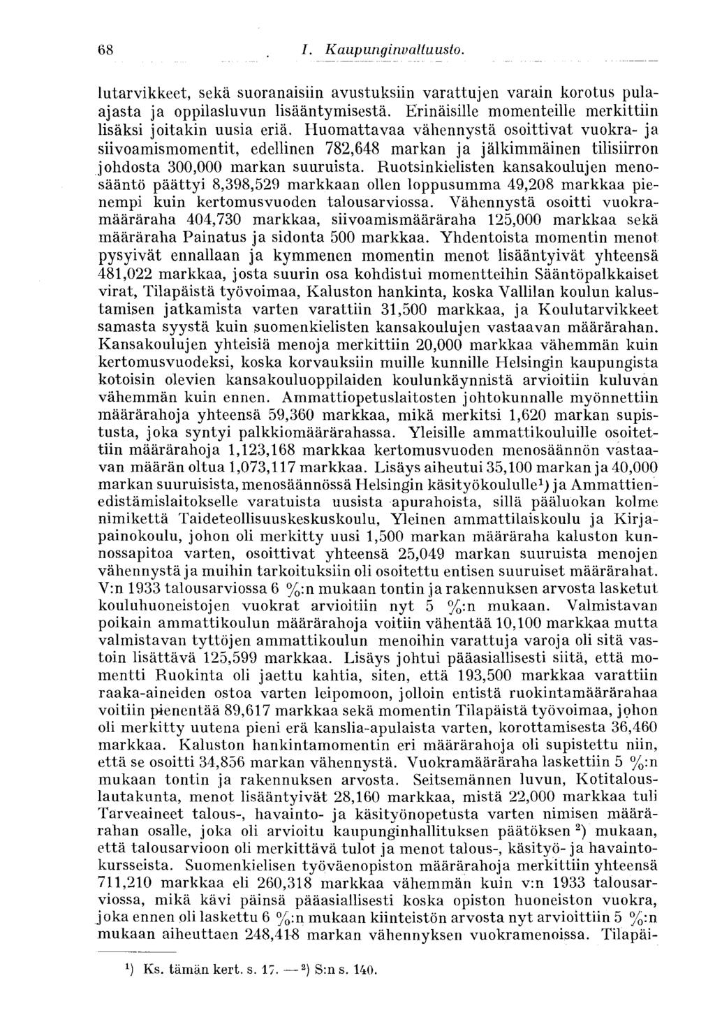 68 lutarvikkeet, sekä suoranaisiin avustuksiin varattujen varain korotus pulaajasta ja oppilasluvun lisääntymisestä. Erinäisille momenteille merkittiin lisäksi joitakin uusia eriä.