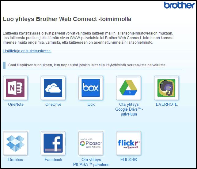 Koti > Ennen Brother Web Connectin käyttöä > Brother Web Connect -toiminnon määrittäminen > Brother Web Connect -käyttöoikeuden hakeminen Brother Web Connect -käyttöoikeuden hakeminen