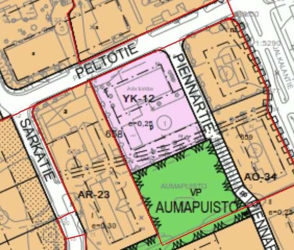 2.2.5 Rakennusjärjestys Kuva 5. Suunnittelualueen asemakaava. Suonenjoen rakennusjärjestys on tullut voimaan 21.7.2008. Alue ei ole asemakaavan laatimista varten rakennuskiellossa. 2.2.6 Kiinteistörekisteri ja pohjakartta Alue kuuluu kokonaisuudessaan kaupungin pitämään kiinteistörekisteriin.