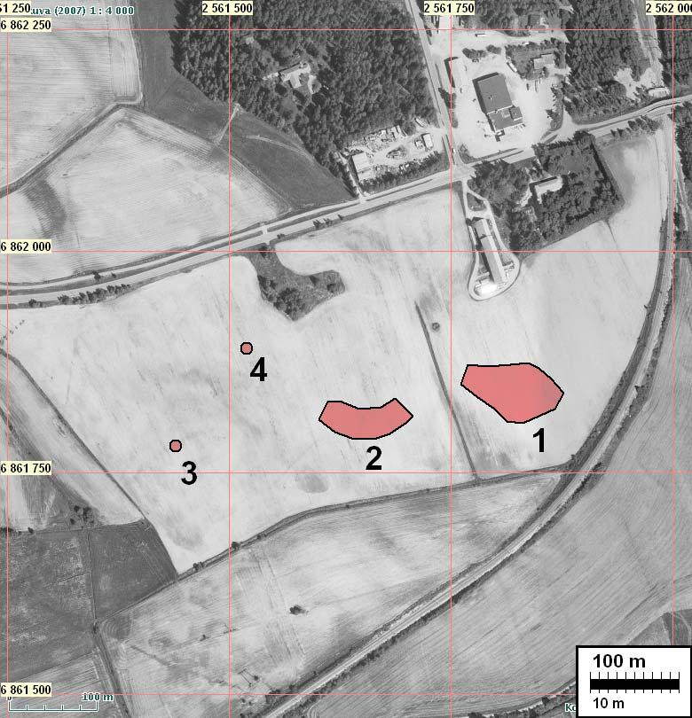 7 Ilmakuva 1:5 000 1:5 000 Muinaisjäännökset lisätty kuvaan punaisina. Muinaisjäännökset 1. JÄMSÄ KÖNKKÖLÄ 1 Rauh.