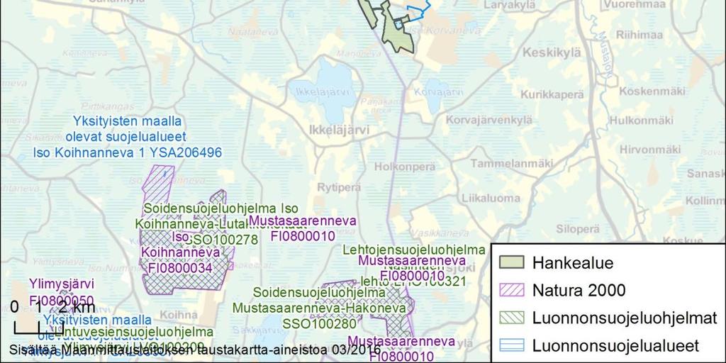 Lähimmät Natura 2000 - alueet ovat Iso Koihnanneva (FI0800034, SSO100278) ja Mustasaarenneva (FI0800010, SSO100280), jotka sijaitsevat noin 8 9 km:n päässä selvitysalueen lounais- ja eteläpuolella.