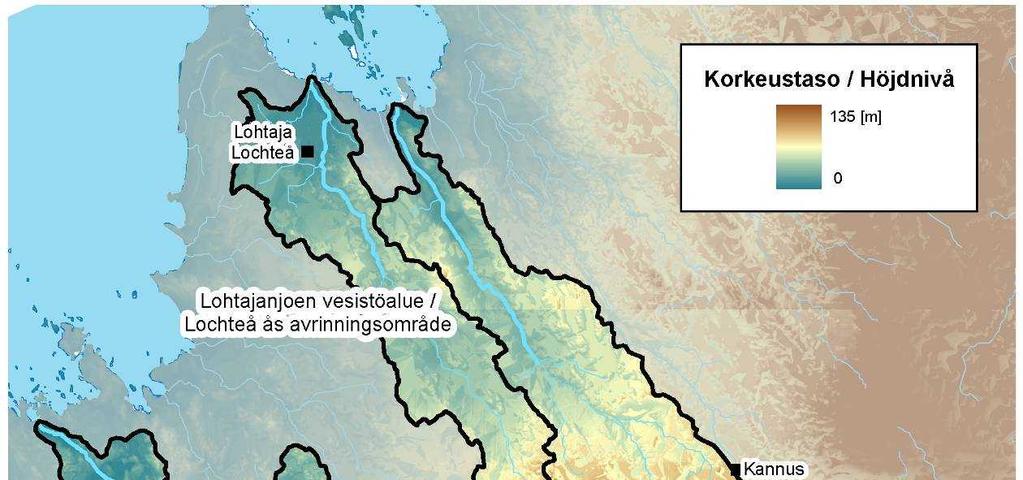 Kuva 4. Korkeussuhteet Lohtajanjoen, Viirretjoen ja Kälviänjoen vesistöalueilla (Korkeusmalli, ruutukoko 25