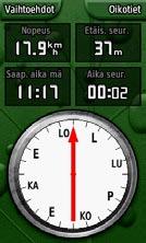 Sovellukset Kompassi-sivu Aktiivisen navigoinnin aikana Kompassi-sivu opastaa sinua määränpäähän graafisen kompassinäytön ja osoittimen avulla.