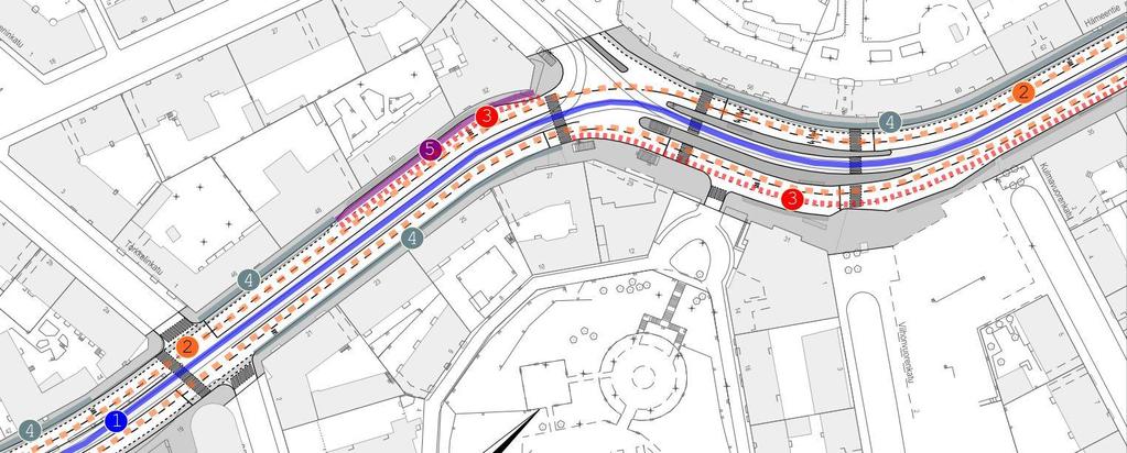 Kuva 17. Vaihtoehto B välillä Torkkelinkatu - Kulmavuorenkatu. 1. Kadun keskelle rakennetaan 6,0 metriä leveä raitiotie. 2. Autoille, busseille ja pyörille on omat kaistansa samassa tasossa.