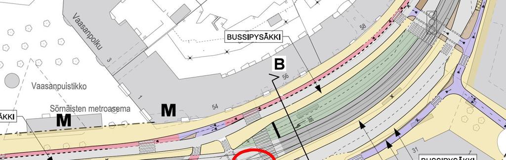 Vaihtoehto A:n mukaan poistettavat metroaseman sisäänkäynnit.