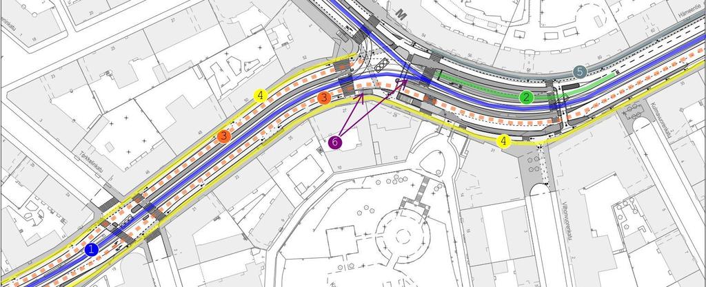 Kuva 8. Vaihtoehto A välillä Torkkelinkatu - Kulmavuorenkatu. 1. Käenkujan pysäkki etelän suuntaan poistetaan. Kurvin raitiovaunupysäkki pohjoiseen säilyy nykyisellä paikallaan.