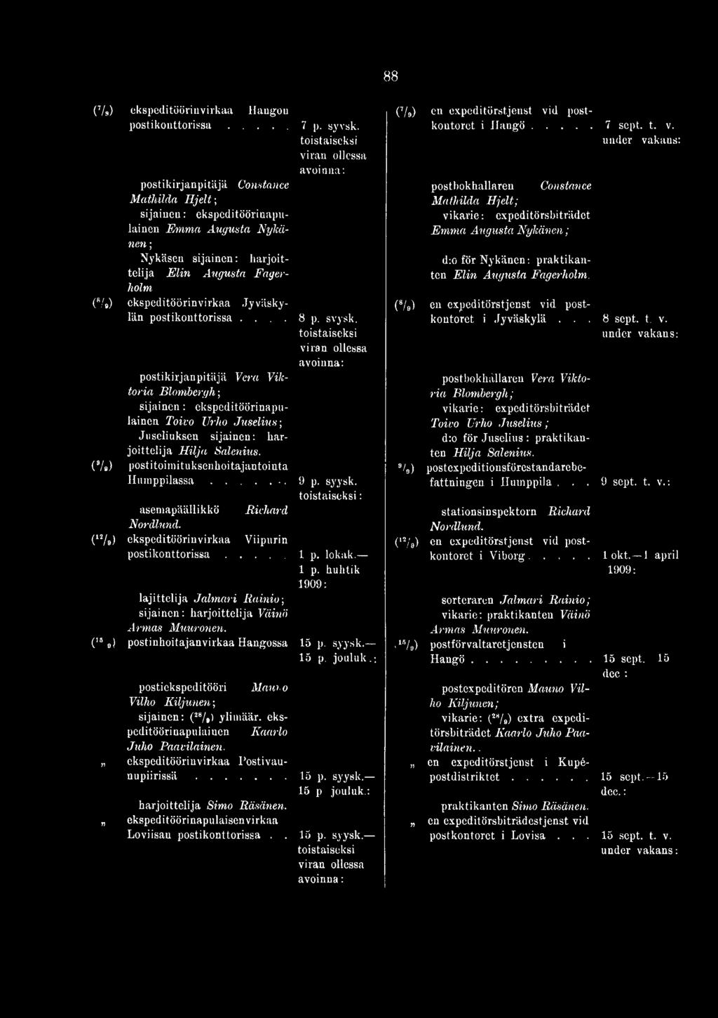 (*/») postitoimituksenhoitajantointa H u m p p ila ssa.... 9 p. syysk. asemapäällikkö Richard Nordlund. C2/») ekspeditöörinvirkaa Viipurin p ostik on ttorissa...l p. lokak. 1 p.