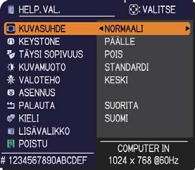 PINO-valikkoasetukset 3.3 Valolähteen toimintatilan valitseminen 1. tuo VALOTILA -valintaikkuna näyttöön painamalla 2. DUAALI: kytkee projektorit päälle samaan aikaan.