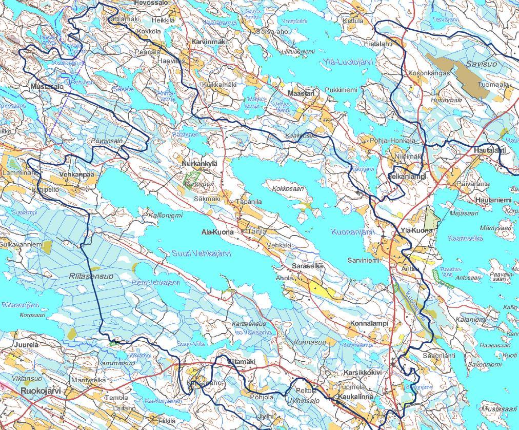 Kuonanjoen valuma-alue (Pro Puruvesi 2017a) Maatalous Kuonanjoen valumaalueella on varsin vähäistä. Reilu neljännes metsämaan pintaalasta on turvemaata.