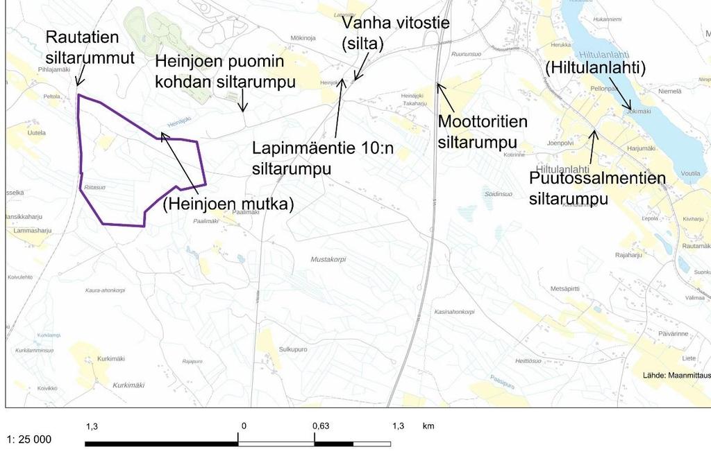 19) on esitetty Heinjoen siltarumpujen etäisyydet ja tasoerot Hiltulanlahteen. Siltarumpujen sijainti on esitetty seuraavassa kuvassa (Kuva 62). Taulukko 19.