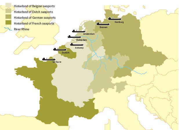 Satamilla vaikutusalueensa 16 Hollannin satamien sisämaa ulottuu pitkälle