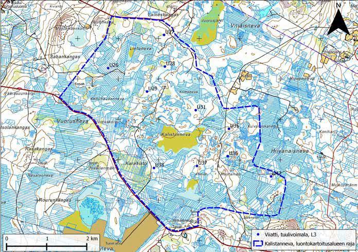 Kuva 2. Kalistannevan suunnitellut turbiinipaikat (siniset pallot).