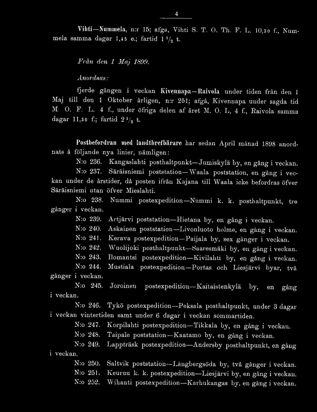 , Eaivola samma dagar 11,3o f.; fartid 2 l/2 t. Postbefordran med landtbrefbärare har sedan April månad 1898 anordnats å följande nya linier, nämligen: N:o 236.