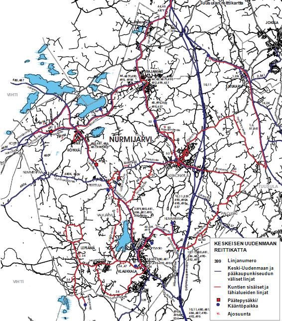 Kuva 7. Joukkoliikenteen reittikartta Nurmijärvellä. Nurmijärvellä liikennöidään myös palveluliikennettä.