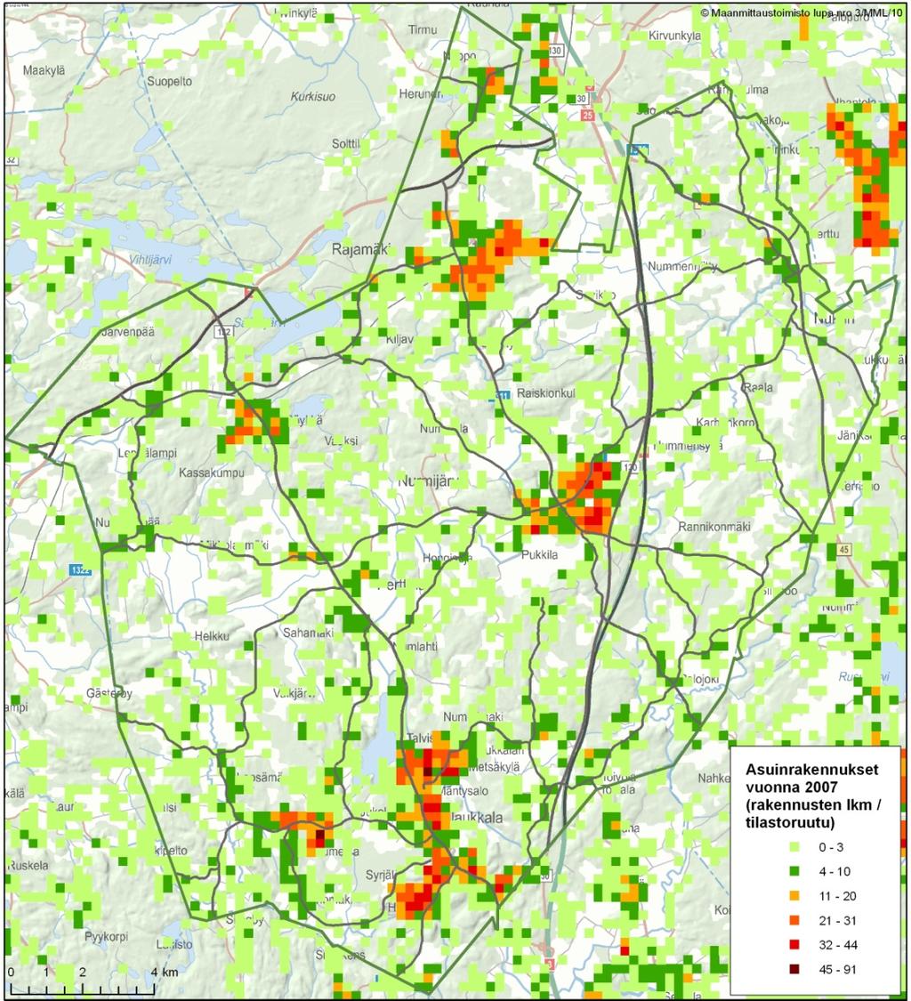 Kuva 5. Asuinrakennusten lukumäärä tilastoruuduittain Nurmijärvellä vuonna 2007. (Lähde: YKR SYKE ja TK) Nurmijärvi on yksi pääkaupunkiseudun voimakkaimmin kasvavista kunnista.