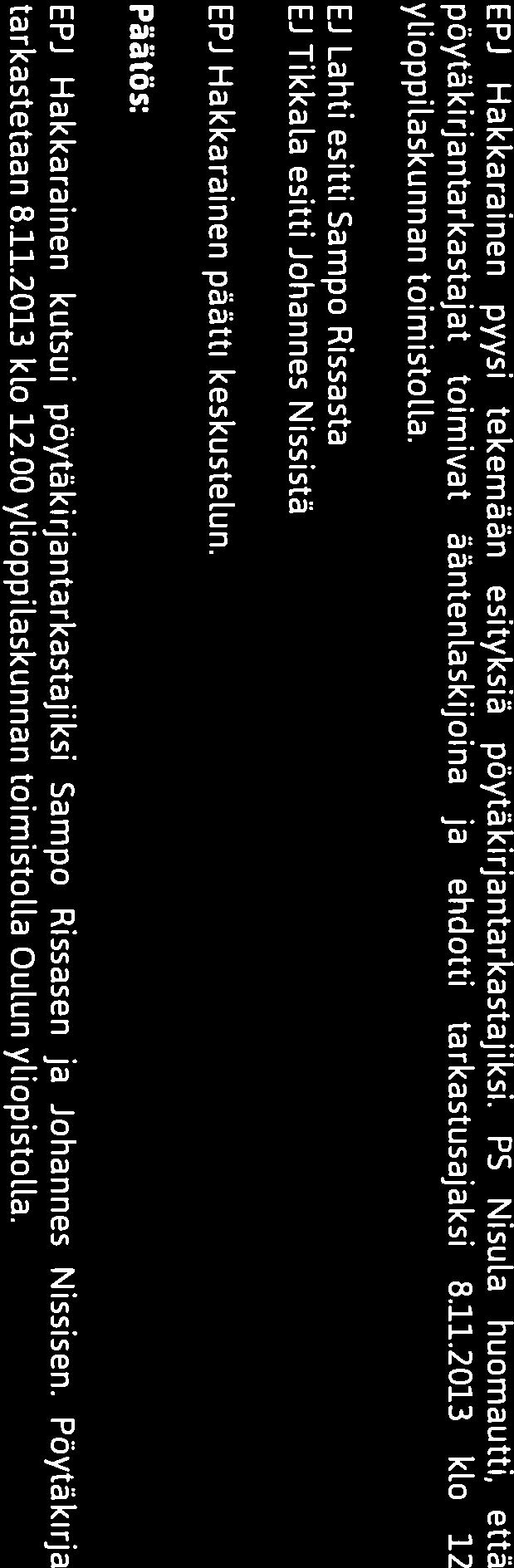 EJ Lahti esitti Sampo Rissasta EJ Tikkala esitti Johannes Nissistä EPJ Hakkarainen päätti keskustelun. EPJ Hakkarainen kutsui pöytäkirjantarkastajiksi Sampo Rissasen ja Johannes Nissisen.