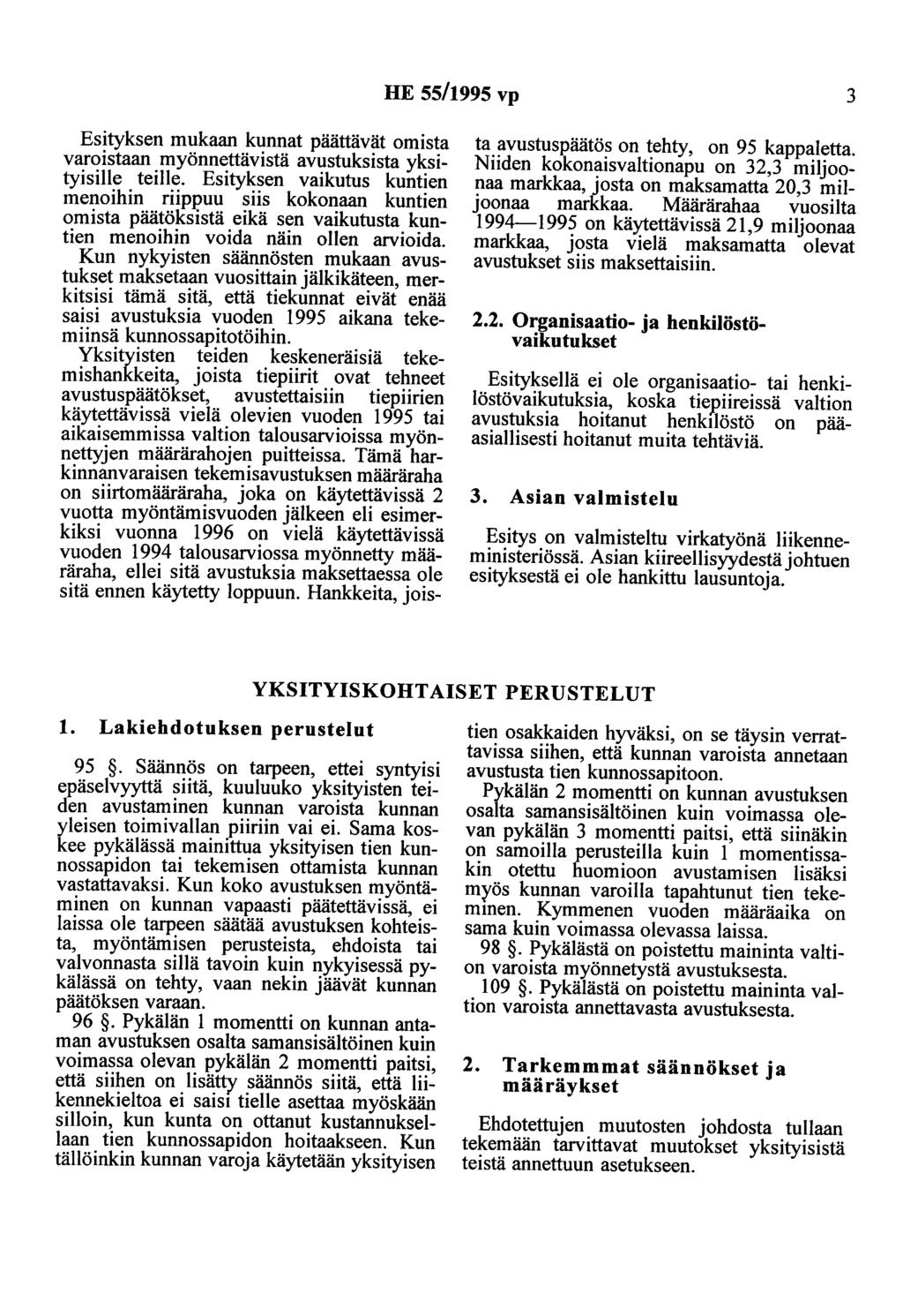 HE 55/1995 vp 3 Esityksen mukaan kunnat päättävät omista varoistaan myönnettävistä avustuksista yksityisille teille. Esityksen vaikutus kuntien menoihin riipj?