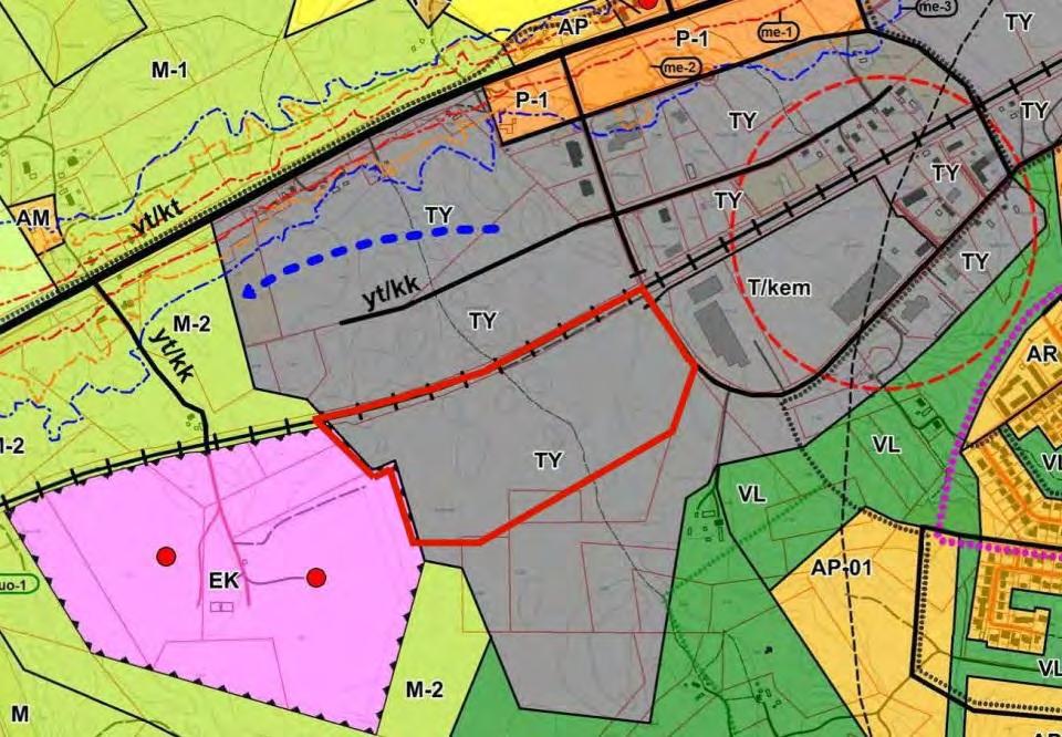 Riskialue on laajentunut oyk:n laadinnan jälkeen. Ote osayleiskaavasta. Suuronnettomuuden riskialue.