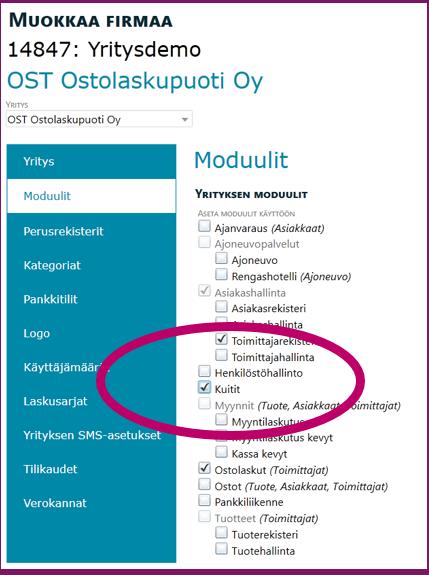 jäljempänä): Valitse Moduulit Lisää valinta kohtaan