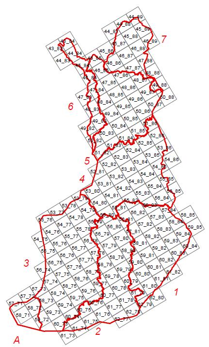 Kuva 1. EMEP50-hilan ja vesienhoitoalueiden leikkaus. Taulukko 1. Mallinnetun kadmiumin (Cd), elohopean (Hg) ja lyijyn (Pb) pinta-alakohtaisen laskeuman yhteenveto vesienhoitoalueittain.