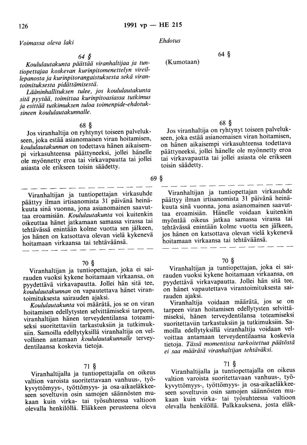 126 1991 vp - HE 215 Voimassa oleva laki 64 Koululautakunta päättää viranhaltijaa ja tuntiopettajaa koskevan kurinpitomenettelyn vireillepanosta ja kurinpitorangaistuksesta sekä virantoimituksesta