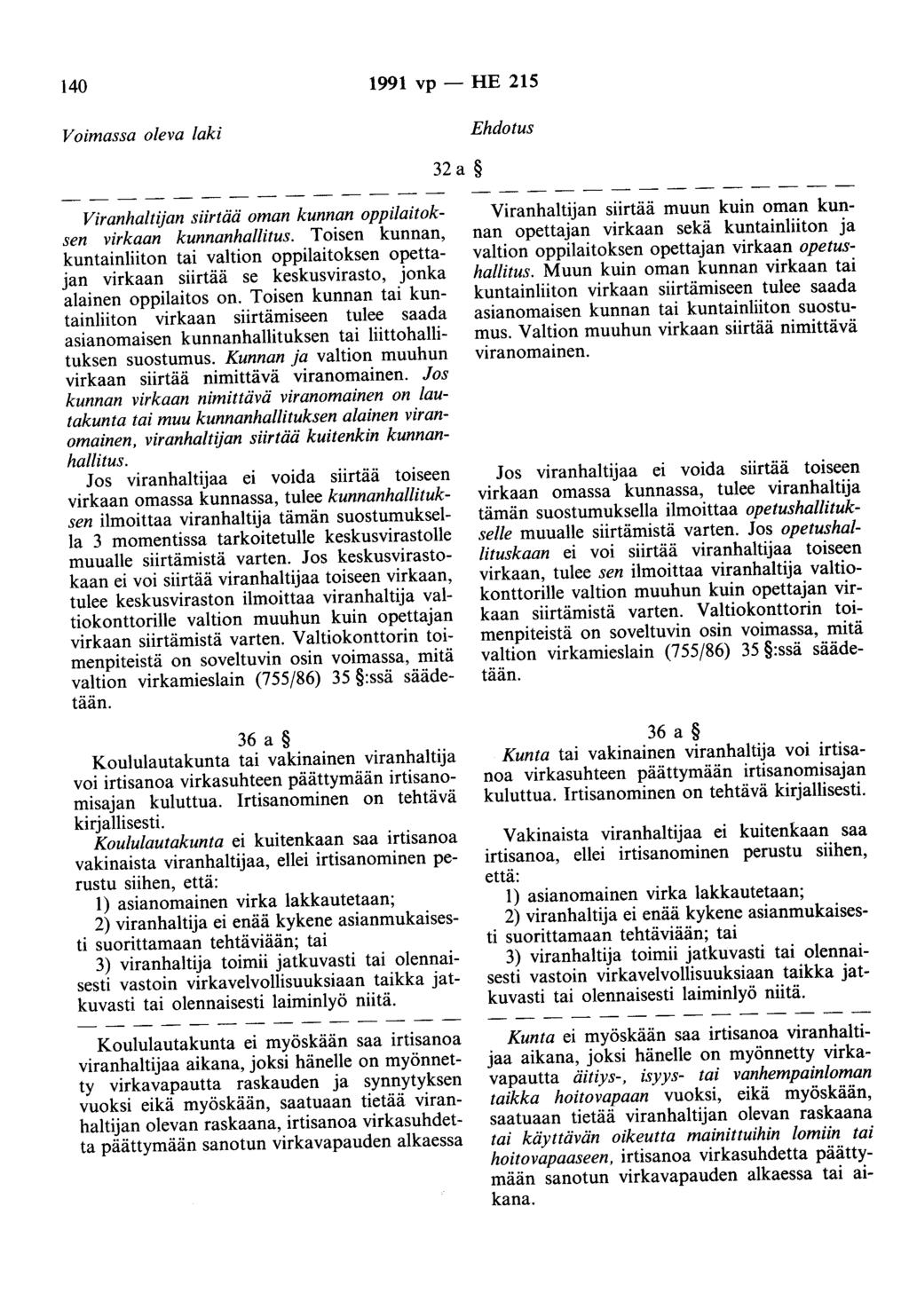 140 1991 vp - HE 215 Voimassa oleva laki Ehdotus 32 a Viranhaltijan siirtää oman kunnan oppilaitoksen virkaan kunnanhallitus.