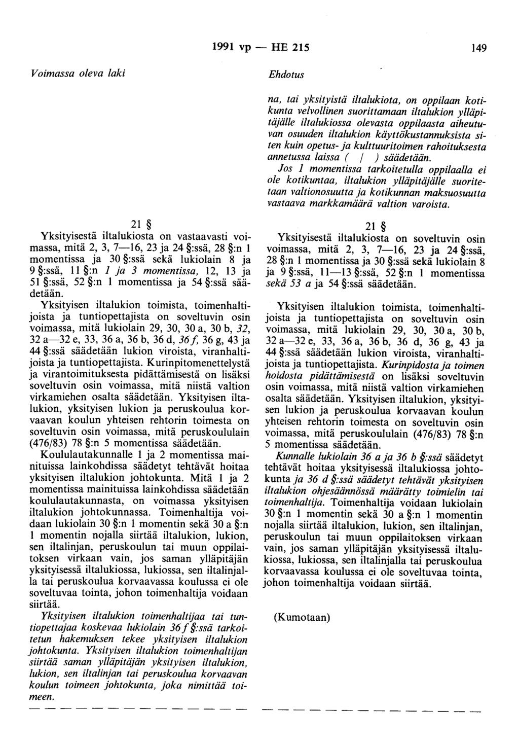 1991 vp - HE 215 149 Voimassa oleva laki Ehdotus na, tai yksityistä iltalukiota, on oppilaan kotikunta velvollinen suorittamaan iltalukion ylläpitäjälle iltalukiossa olevasta oppilaasta aiheutuvan