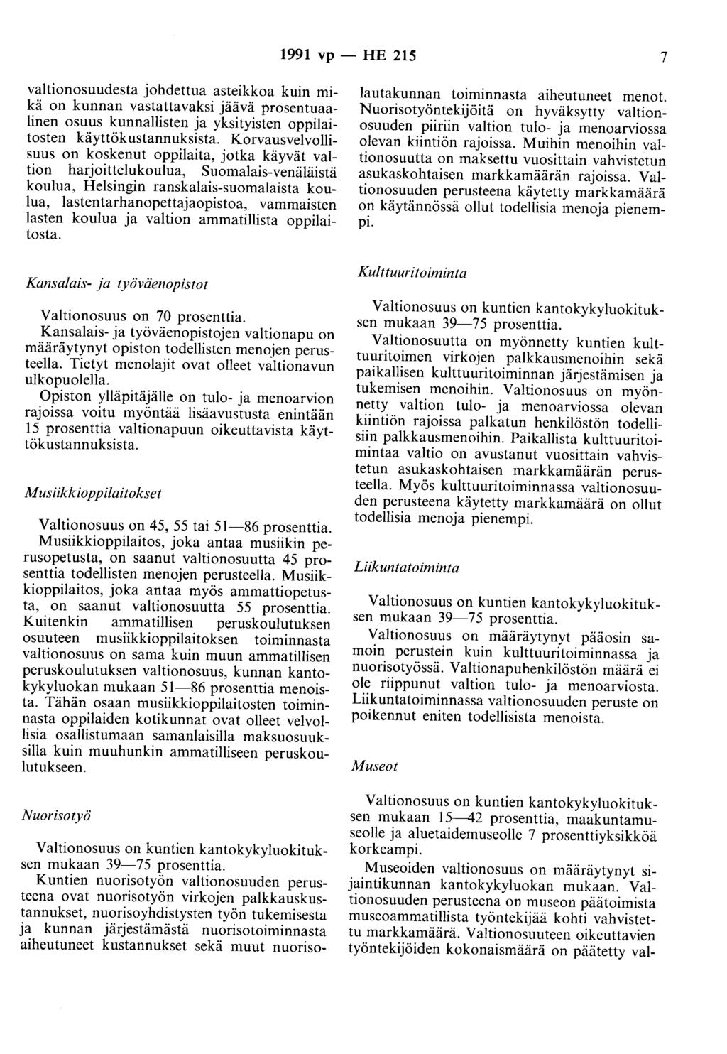 1991 vp - HE 215 7 valtionosuudesta johdettua asteikkoa kuin mikä on kunnan vastattavaksi jäävä prosentuaalinen osuus kunnallisten ja yksityisten oppilaitosten käyttökustannuksista.