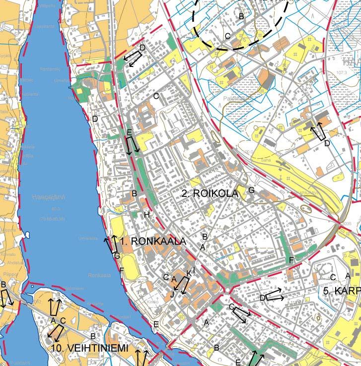 2. ROIKOLA Roikolan kaupunginosan sijainti kartalla (rajaus punaisella katkoviivalla) ja valokuvien ottopaikat ja suunta.