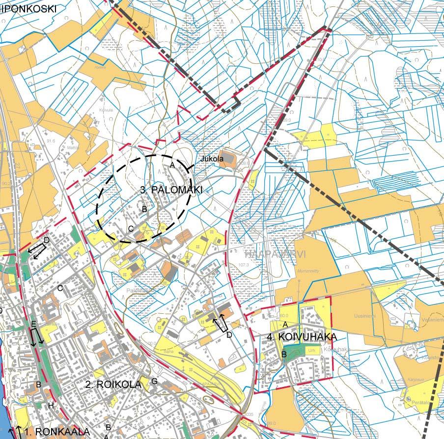 3. PALOMÄKI Palomäen kaupunginosan sijainti kartalla (rajaus punaisella katkoviivalla) ja valokuvien ottopaikat ja suunta.