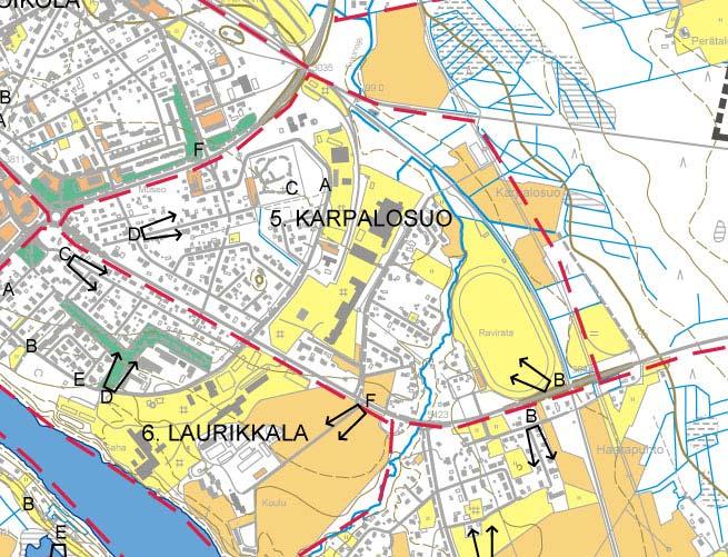 5. KARPALOSUO Karpalosuon kaupunginosan sijainti kartalla (rajaus punaisella katkoviivalla) ja valokuvien ottopaikat ja suunta.