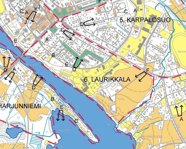 6. LAURIKKALA Laurikkalan kaupunginosan sijainti kartalla (rajaus punaisella katkoviivalla) ja valokuvien ottopaikat ja suunta.