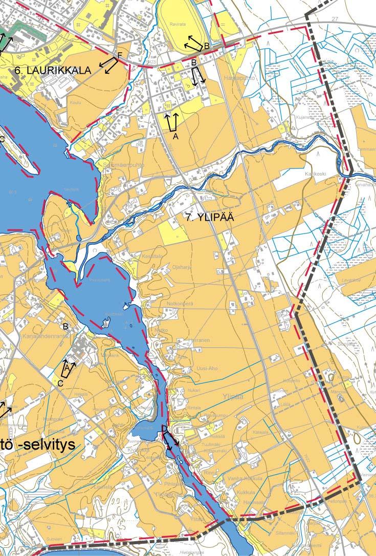 7. YLIPÄÄ Ylipään kaupunginosan sijainti kartalla (rajaus punaisella katkoviivalla) ja valokuvien ottopaikat ja suunta.