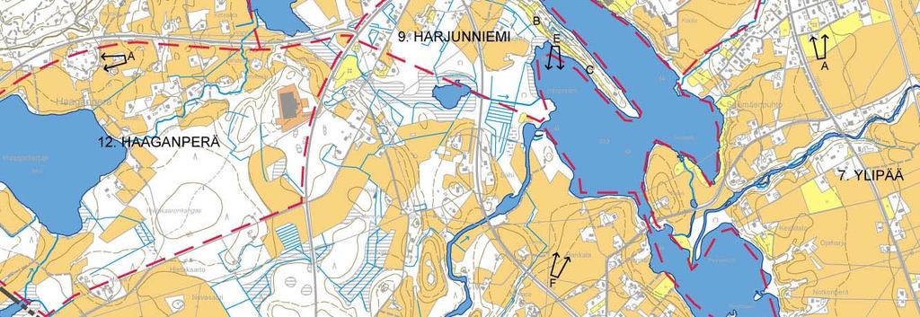 8. KARJALAHDENRANTA Karjalahdenrannan kaupunginosan sijainti kartalla (rajaus punaisella katkoviivalla) ja valokuvien ottopaikat ja suunta.