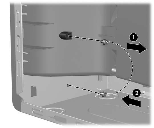 4. Työnnä vaijerin tulppapää lukkoon (1) ja sulje lukko painamalla painiketta (2). Voit avata lukon vakiovarusteisiin kuuluvalla avaimella.