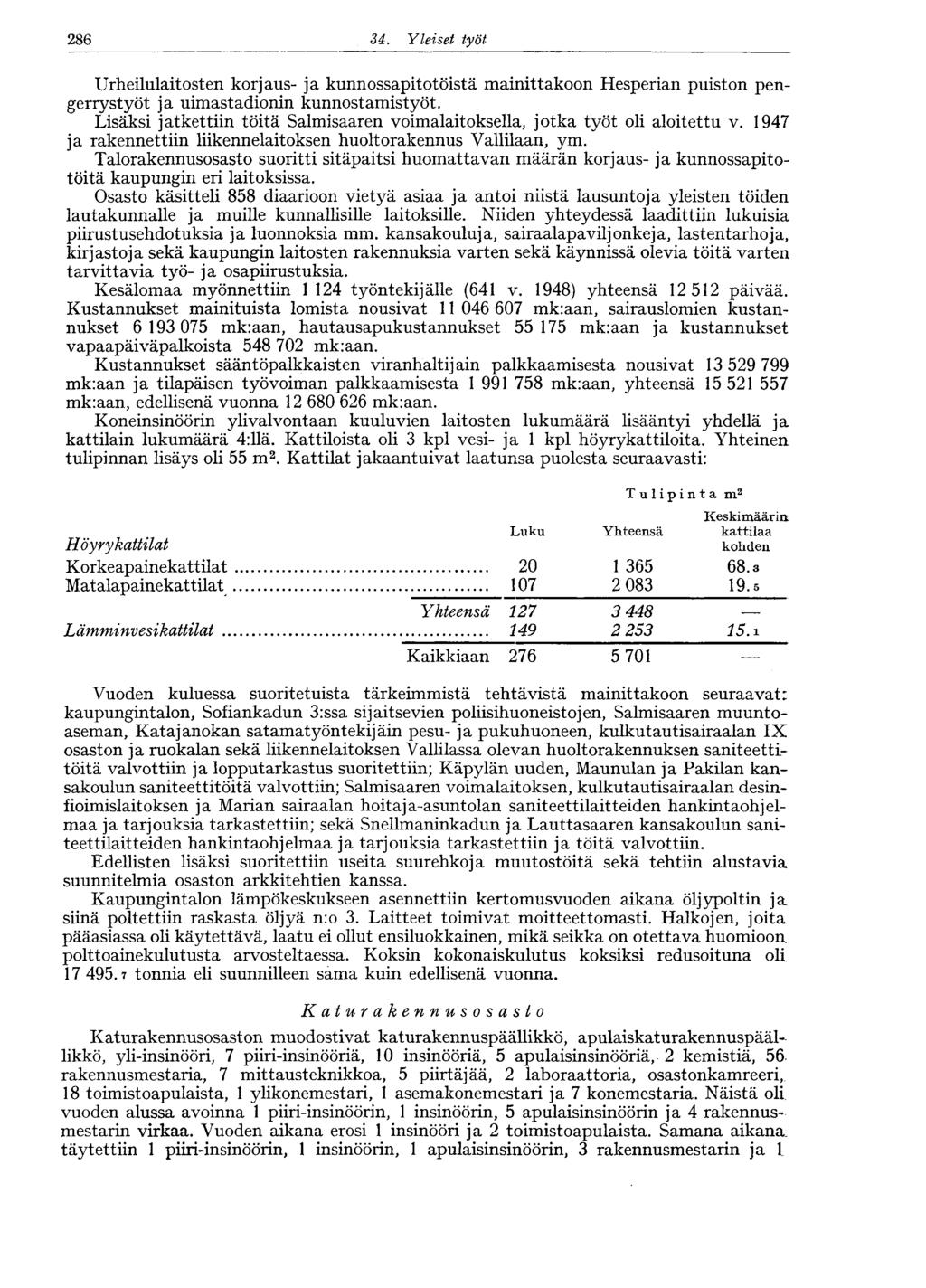 286 34. Yleiset työt Urheilulaitosten korjaus- ja kunnossapitotöistä mainittakoon Hesperian puiston pengerrystyöt ja uimastadionin kunnostamistyöt.