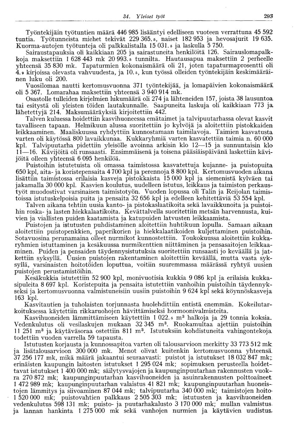 293 34. Yleiset työt Työntekijäin työtuntien määrä 446 985 lisääntyi edelliseen vuoteen verrattuna 45 592 tuntia. Työtunneista miehet tekivät 229 365.5, naiset 82 953 ja hevosajurit 9 635.