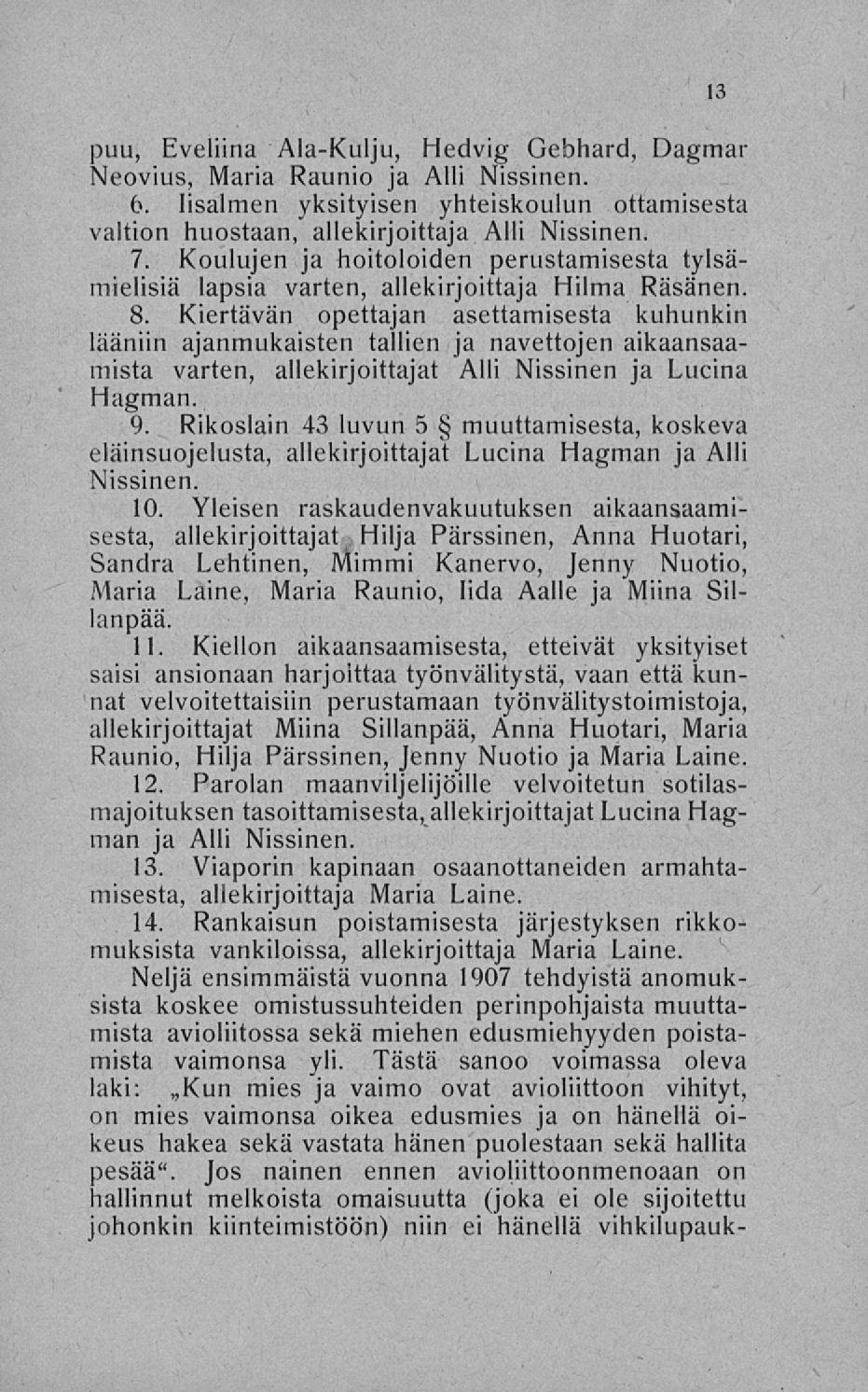 puu, Eveliina Ala-Kulju, Hedvig Gebhard, Dagmar Neovius, Maria Raunio ja Alli Nissinen. 6. lisalmen yksityisen yhteiskoulun ottamisesta valtion huostaan, allekirjoittaja Alli Nissinen. 7.
