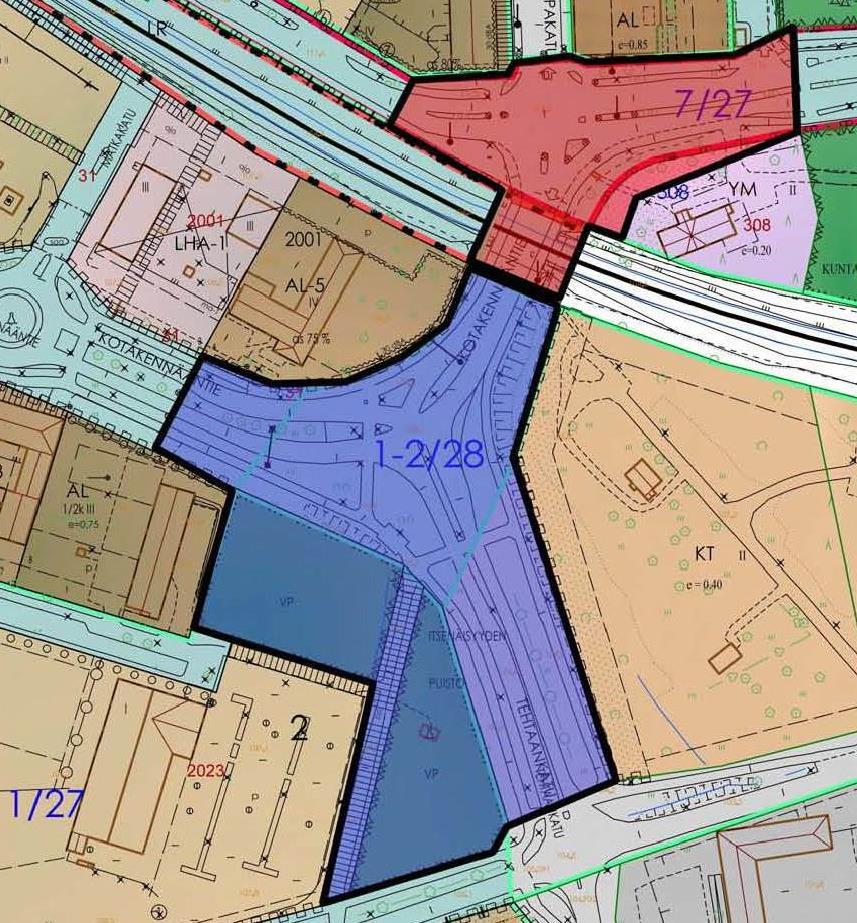 Kaupunginhallitus 17.8.2015 liite nro 2 (24/53) 3.3. Asemakaava Kotakennääntien - Tehtaankadun risteysalue (sininen rasteri) Suunnittelualueella on voimassa kaupunginvaltuustossa 25.8.1986 hyväksytty ja 28.